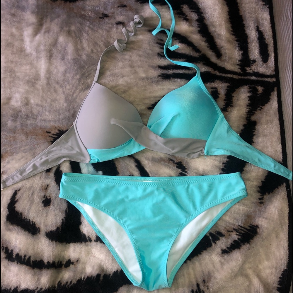 blue and grey bathing suit
